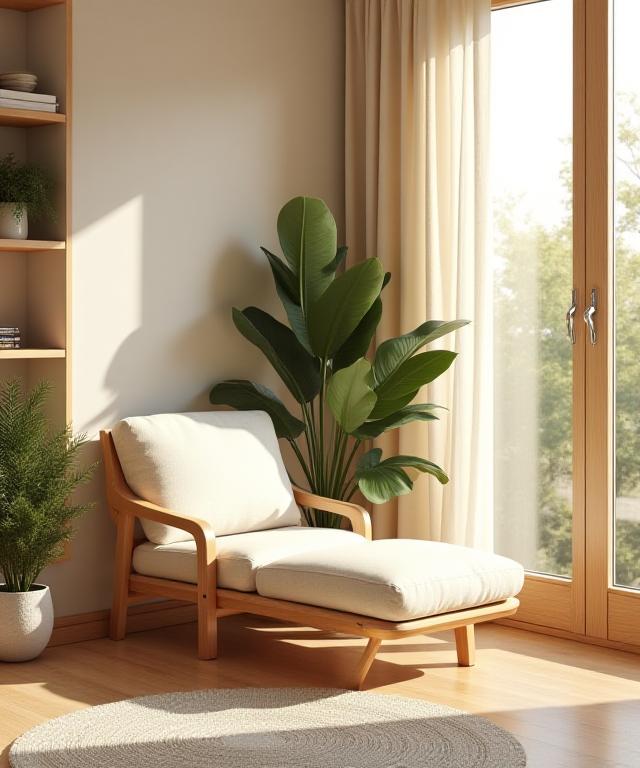 Interno domestico sereno con luce naturale e materiali organici